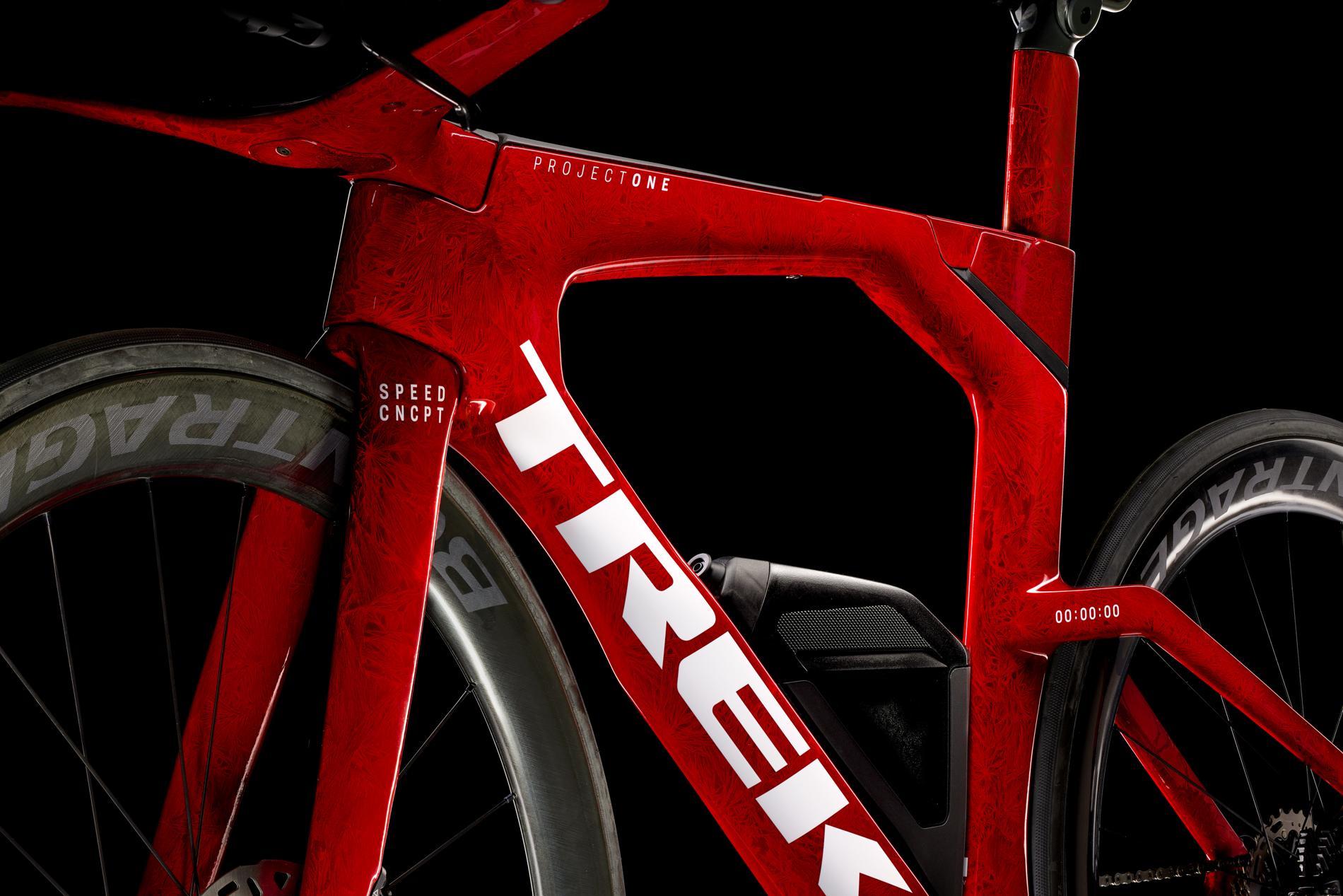 Close-up of a red Trek Speed Concept performance bicycle